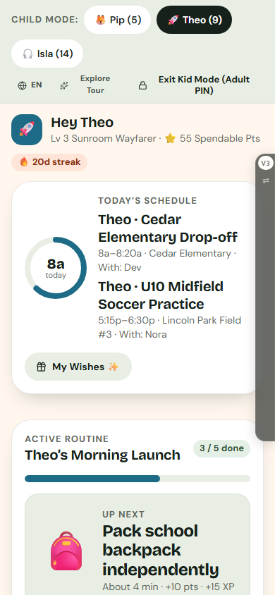 Mobile child view showing Theo single-focus morning step card and I Need Help button without adult clutter