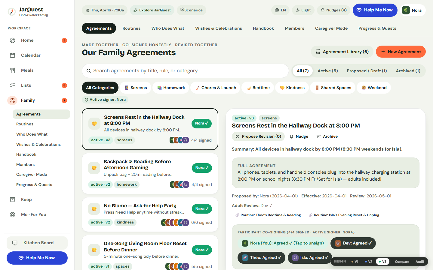 Family Agreements workspace showing co-signed expectations and scheduled check-in date