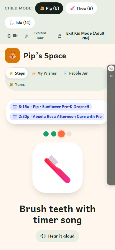 Young child pre-reader picture routine step with read-aloud button and pebble progress trail