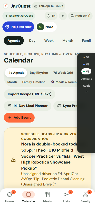 Mobile Agenda view showing pickup owner, backup adult, and preparation checklist items