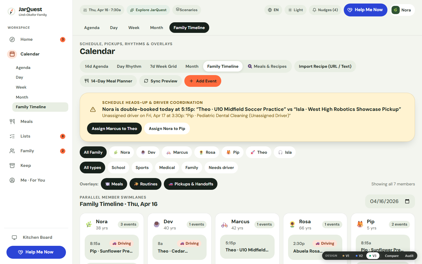 Family Timeline swimlanes showing each family member schedule and pickup owner across the day