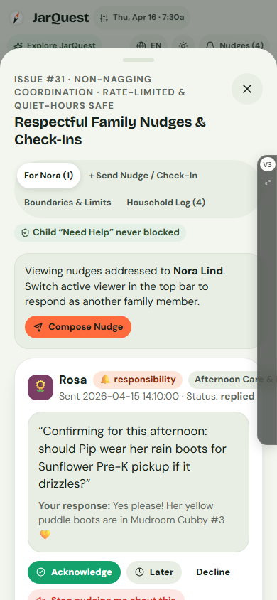Respectful Family Nudges drawer showing kind tone presets, cooldown guard, and quiet hours