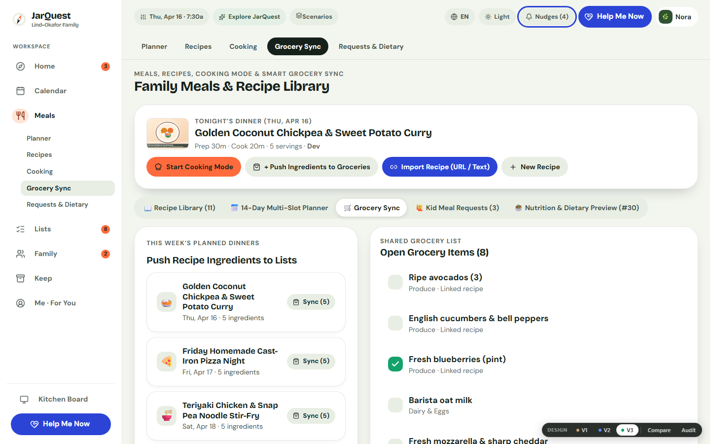 Meal-to-Grocery sync workspace showing recipe ingredients linked directly to the shopping list