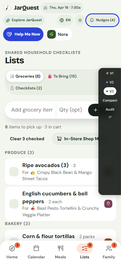 Mobile grocery list organized by store aisle with one-handed checkoff