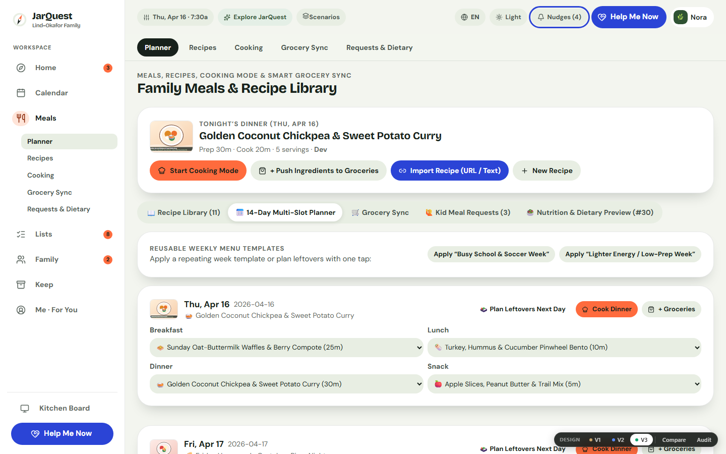 14-day family meal planner showing dinner slots, prep effort, and cook owner