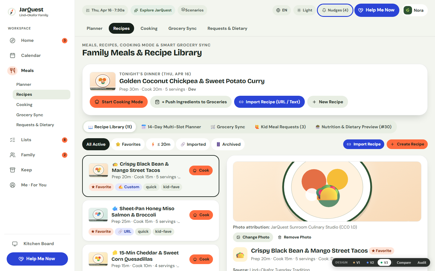 2-pane Recipe Library showing owned SVG food illustration, structured ingredients, steps, and dietary badges