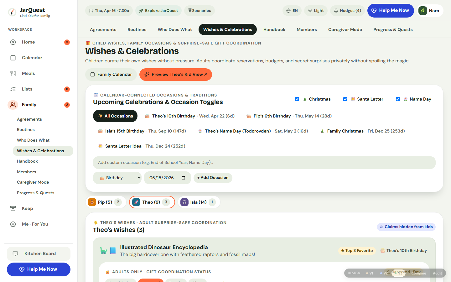 Adult Wishes & Celebrations workspace showing Reserved and Bought badges, household occasion toggles, and Secret Surprise Ideas