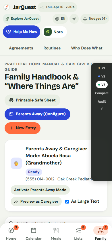 Mobile Caregiver / Parents Away Mode showing scoped routines, emergency contacts, and zero private adult journal data
