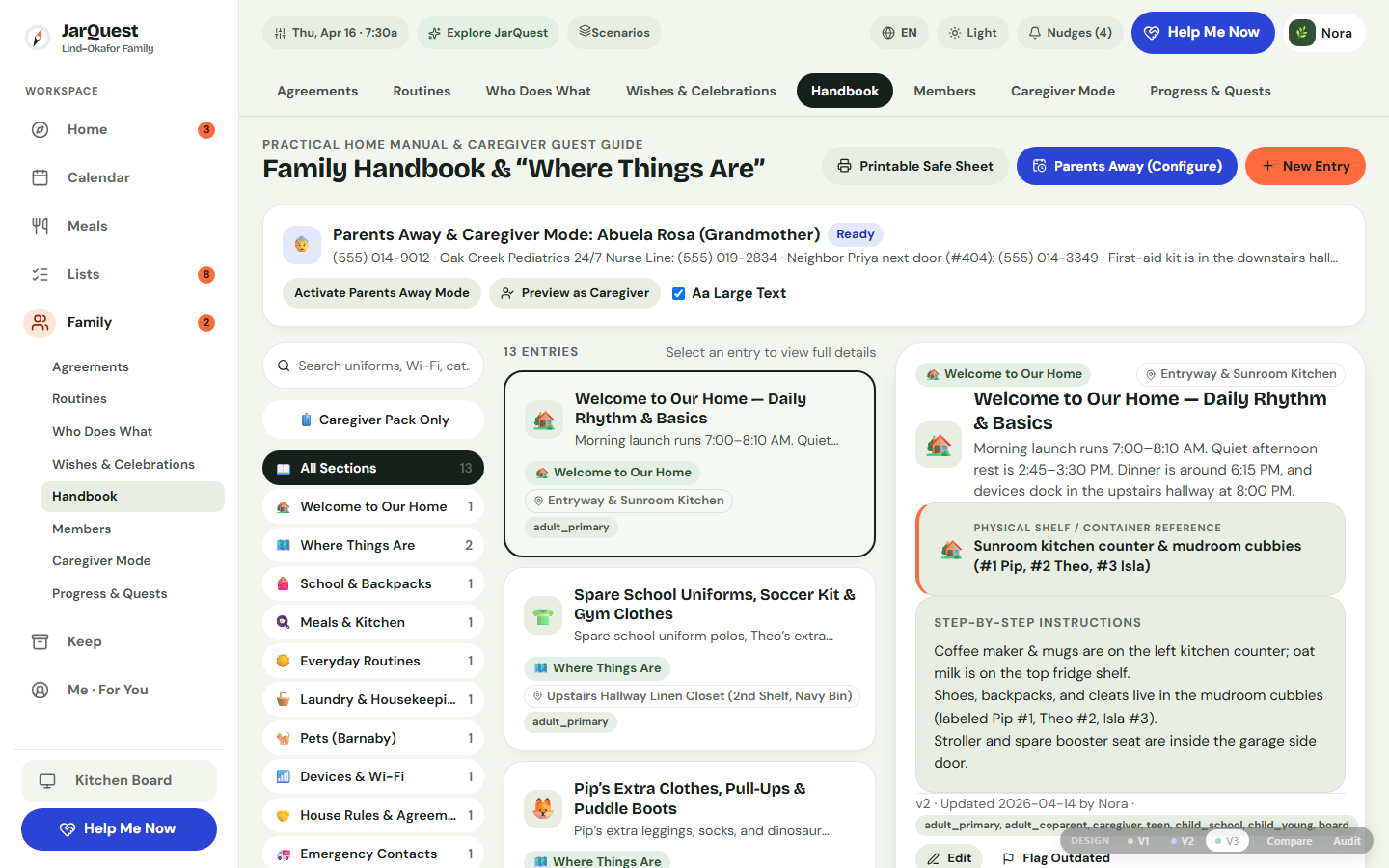 3-pane Family Handbook showing Emergency Header, 12 categories, and Where Things Are instructions