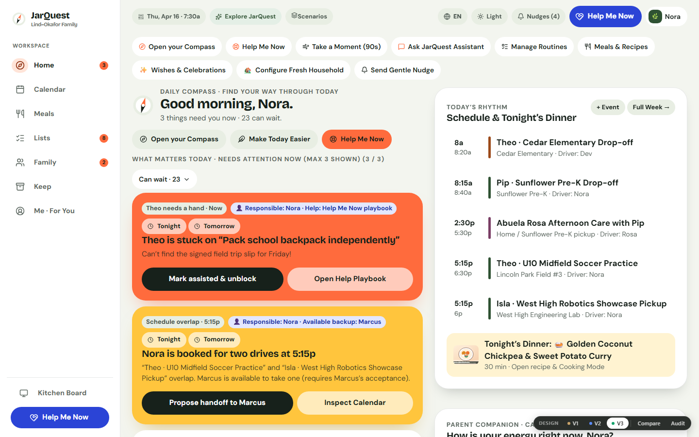 Daily Compass showing at most 3 priority cards and the Make Today Easier action button