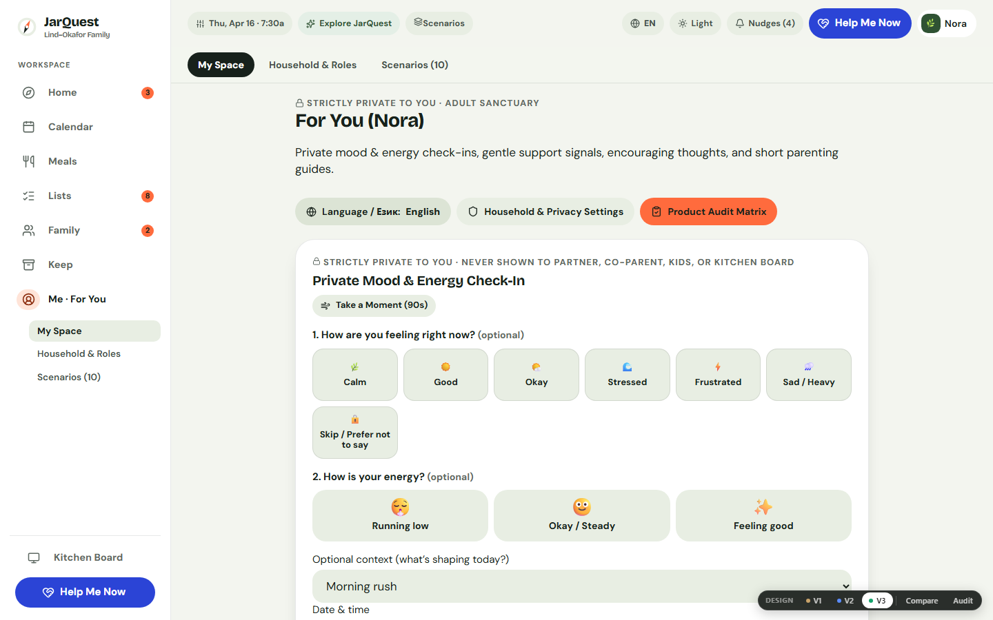 Private Adult Space showing optional Mood and Energy check-ins and opt-in Support Signals toggle (OFF by default)