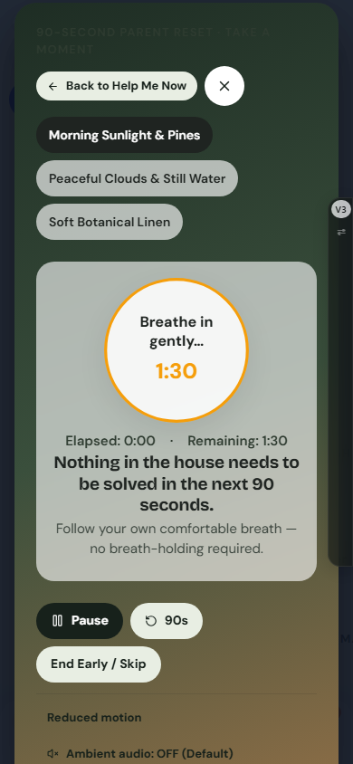 Mobile 90-second Take a Moment breathing reset with Pause, Reduced Motion, and End Early controls