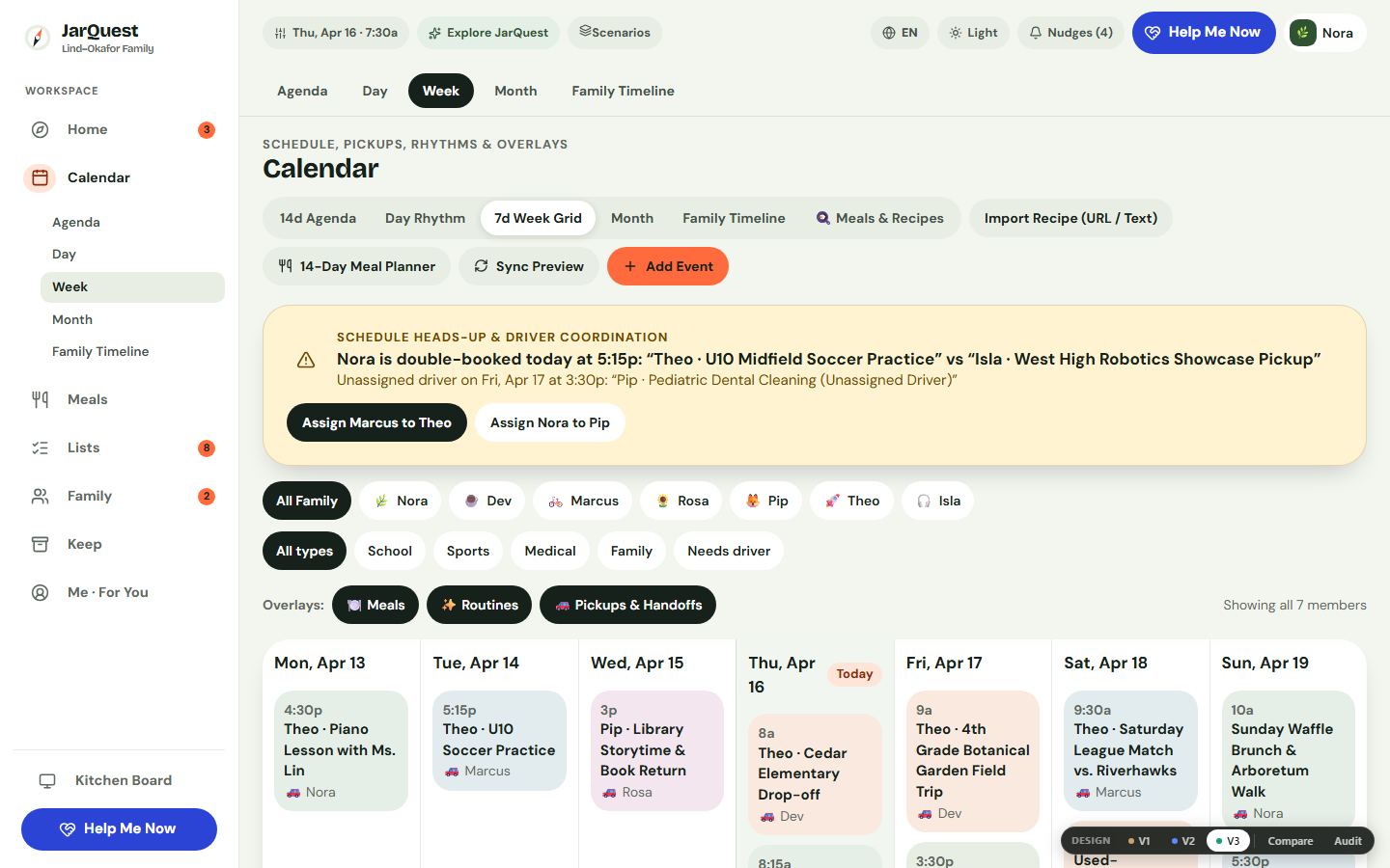Family Calendar week view showing school events, assigned parent owners, and preparation items