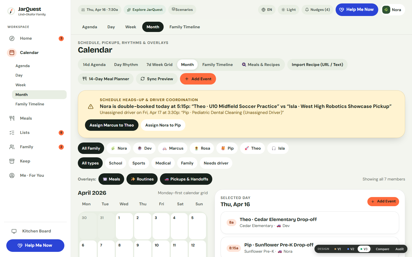 Family Calendar Month view showing multi-week family events and coverage overview