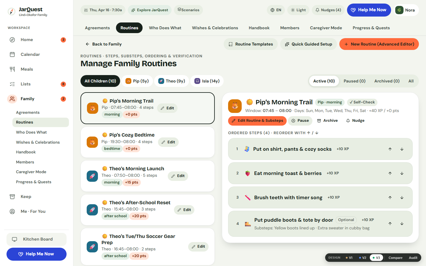 Family Routines workspace showing structured afternoon arrival and decompression steps