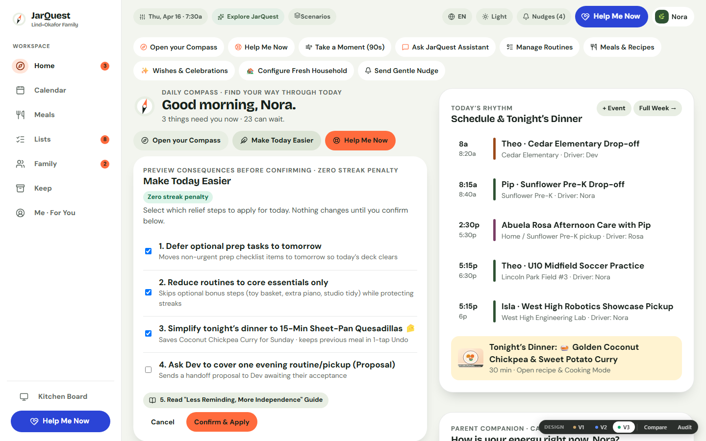 Make Today Easier preview drawer showing one-tap household load reduction on a sick day