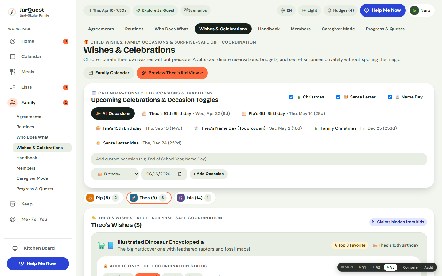 Wishes & Celebrations desktop workspace showing birthday occasion filter, gift budget, and Secret Surprise Ideas