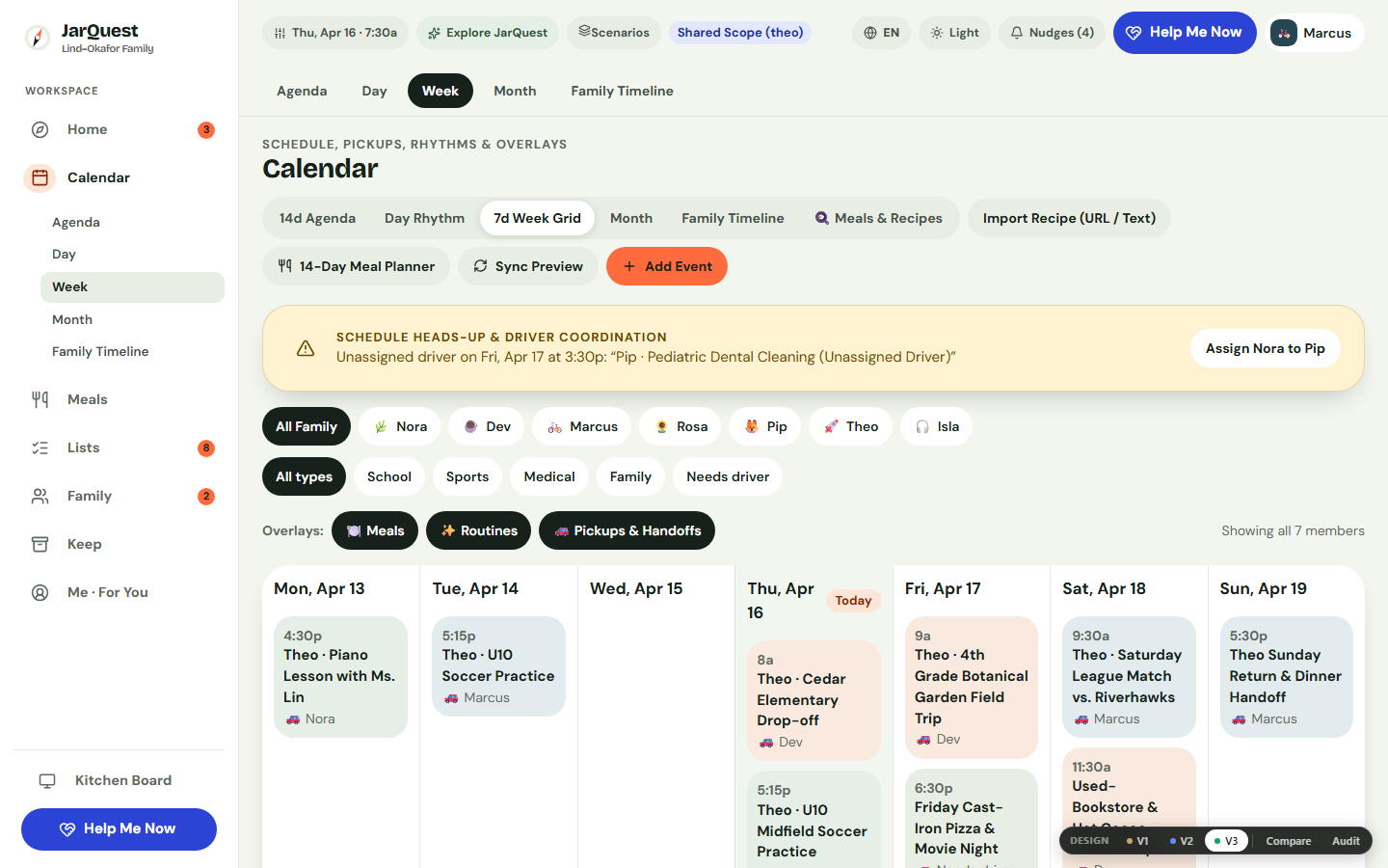 Co-parent scoped calendar view for Marcus showing Shared Scope (theo) badge and Theo schedule items