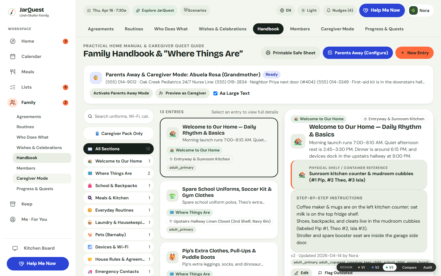 Family Handbook 3-pane desktop view showing Emergency Header, child routines, and Where Things Are cards for grandparents