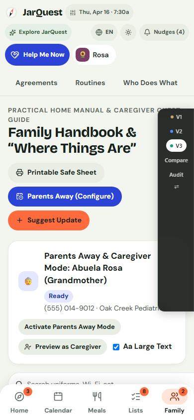 Mobile Caregiver Mode for Grandmother Rosa showing scoped routines and emergency info