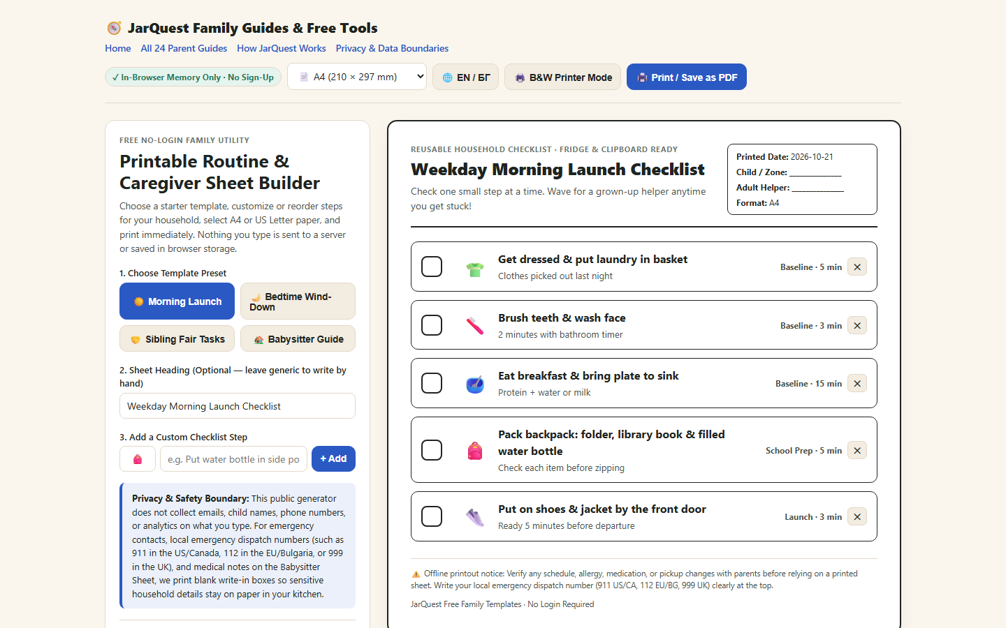 Printable Morning Launch & Backpack Checklist Generator