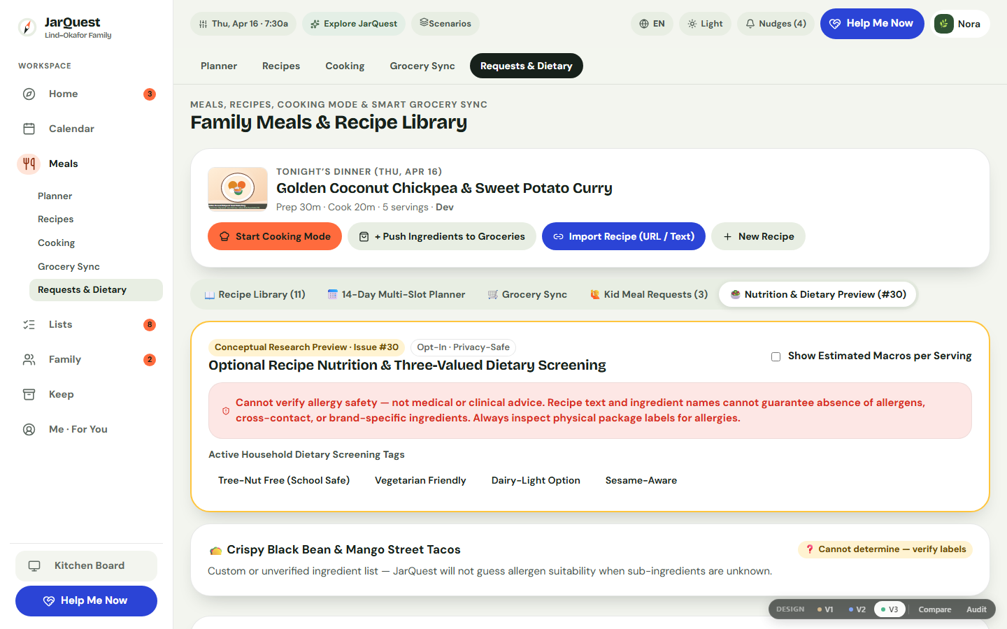 Meals Requests & Dietary workspace showing child meal requests, allergy tags, and weekly variety overview