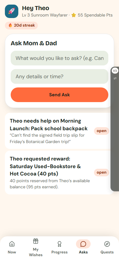 Mobile Kid Mode Asks tab where children submit meal requests and ideas to parents