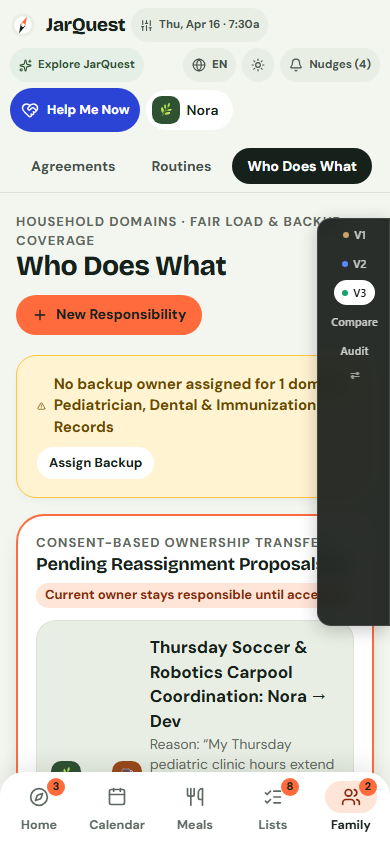 Mobile Who Does What view showing responsibility detail and handoff proposal state