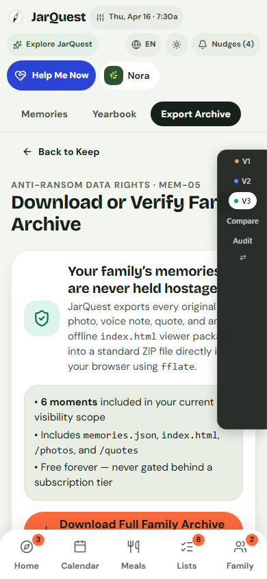 Mobile Export Archive view showing open-format JSON and Markdown memory export options