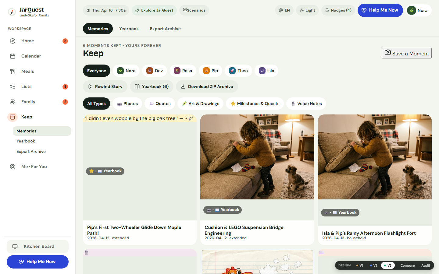 Keep & Memory Vault desktop view showing captured child quotes, milestones, and artwork tags