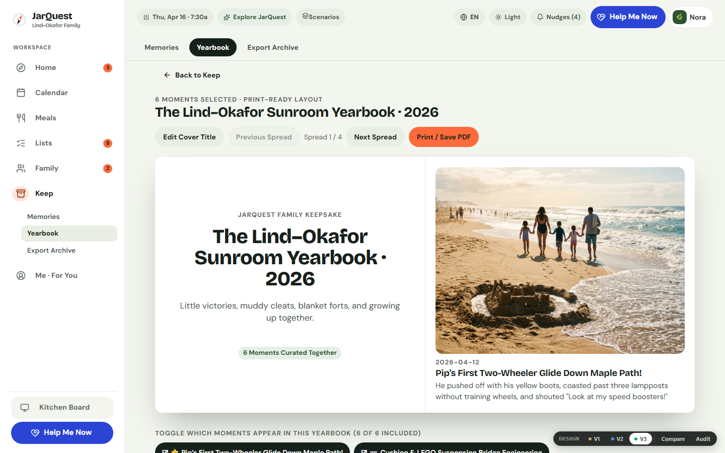 Family Yearbook print-spread preview showing curated seasonal memories and quotes